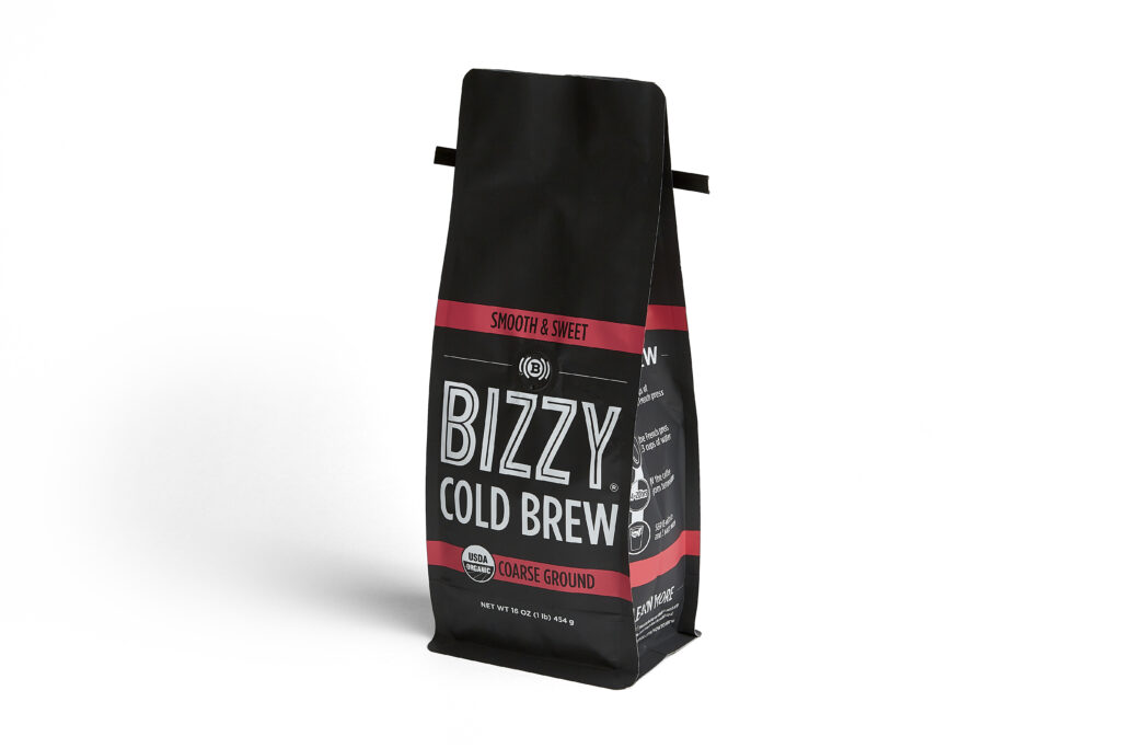 Bizzy Coffee cold brew ground coffee in a custom printed stand-up pouch with a zipper