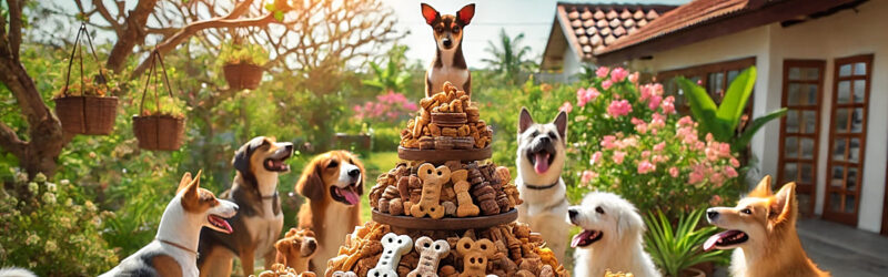 Dogs gathered around a pile of bone-shaped biscuits and meat treats