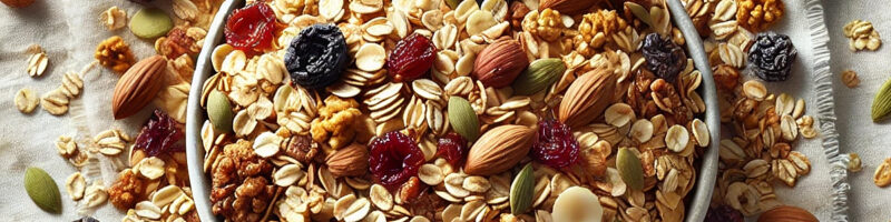 Granola clusters with oats and nuts, the product that goes inside custom snack pouches