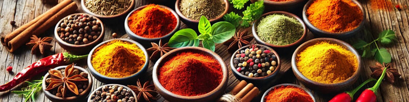 Bowls of ground spices, chillies and seasoning blends