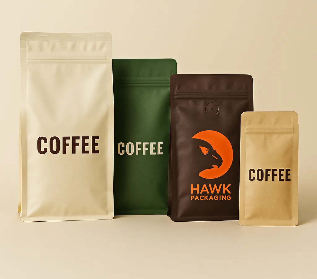 Four custom flat bottom coffee bags in cream, green, brown and kraft, one fitted with a one-way degassing valve