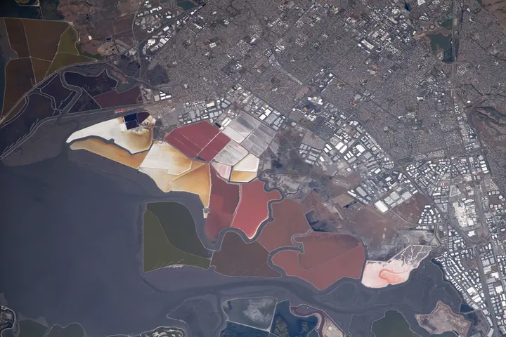 Aerial view of the salt ponds on the southern edge of San Francisco Bay, California