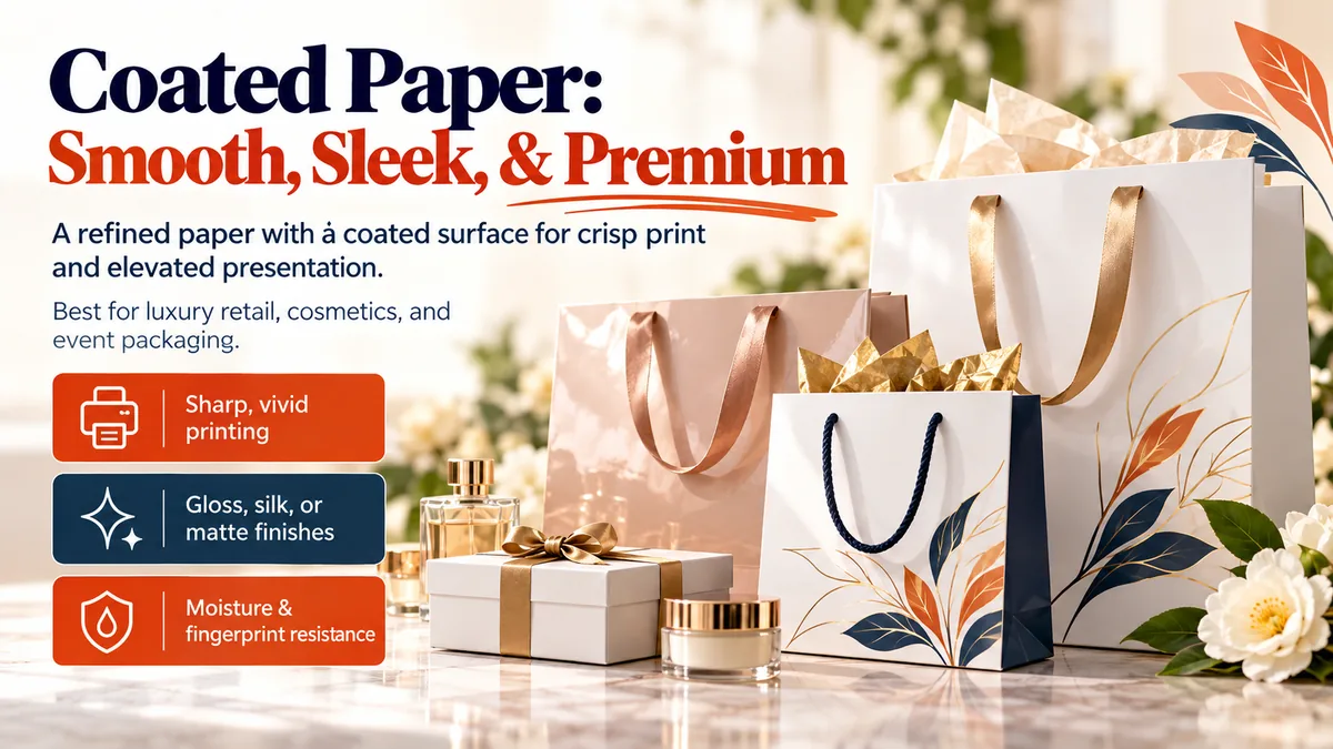 Coated paper shopping bags in white and blush with ribbon handles, beside perfume, skincare and a gift box