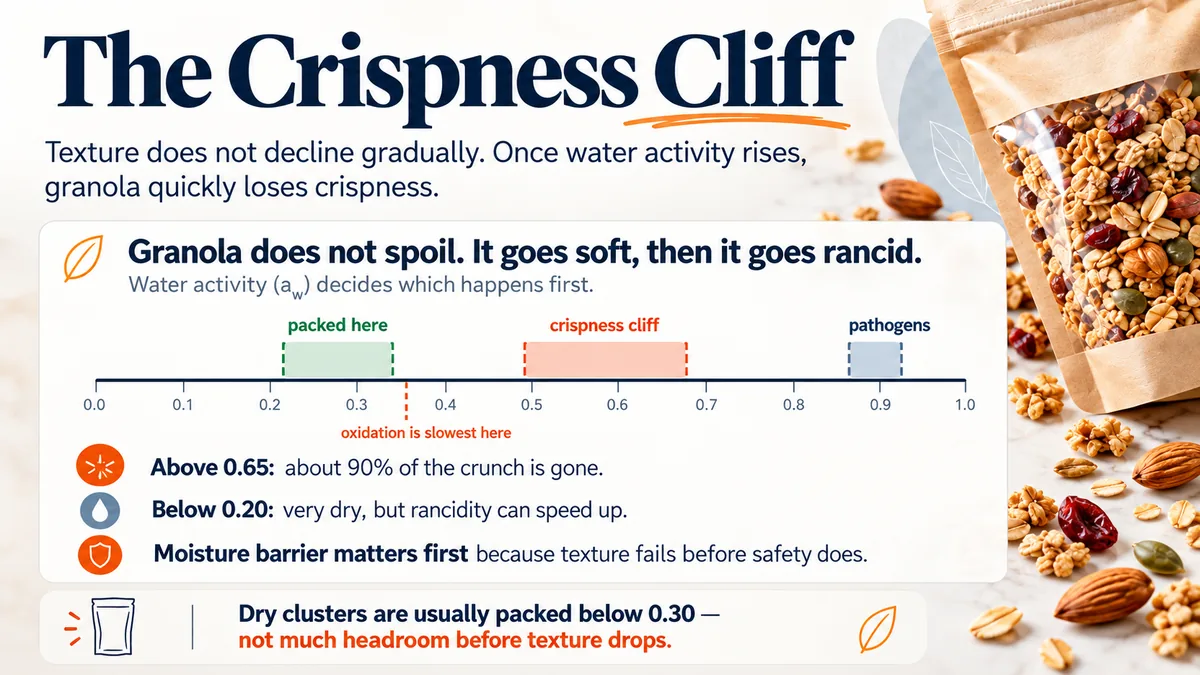 Water activity scale for granola showing it is packed around 0.22 to 0.35, loses crispness between about 0.5 and 0.68, and loses about 90% of its crunch above 0.65