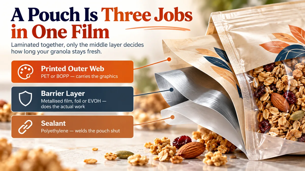 Three-layer granola pouch laminate: printed PET or BOPP outer web, metallized film, foil or EVOH barrier layer, and polyethylene sealant