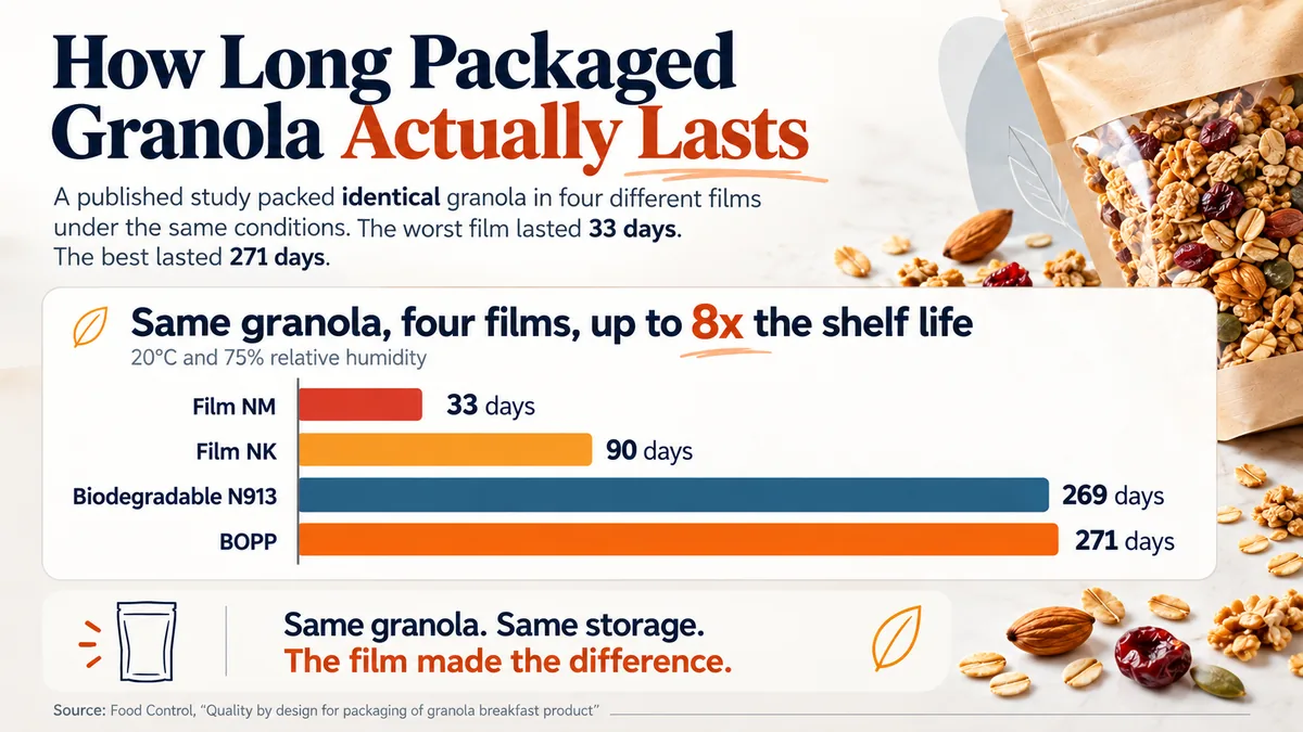 Bar chart of granola shelf life in four packaging films at 20°C and 75% humidity: Film NM 33 days, Film NK 90 days, biodegradable N913 269 days, BOPP 271 days