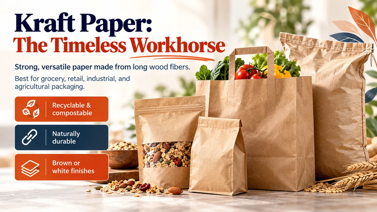 Kraft paper packaging: brown kraft grocery bag of vegetables, a stand-up pouch with a window, a flat bottom bag and a large kraft sack