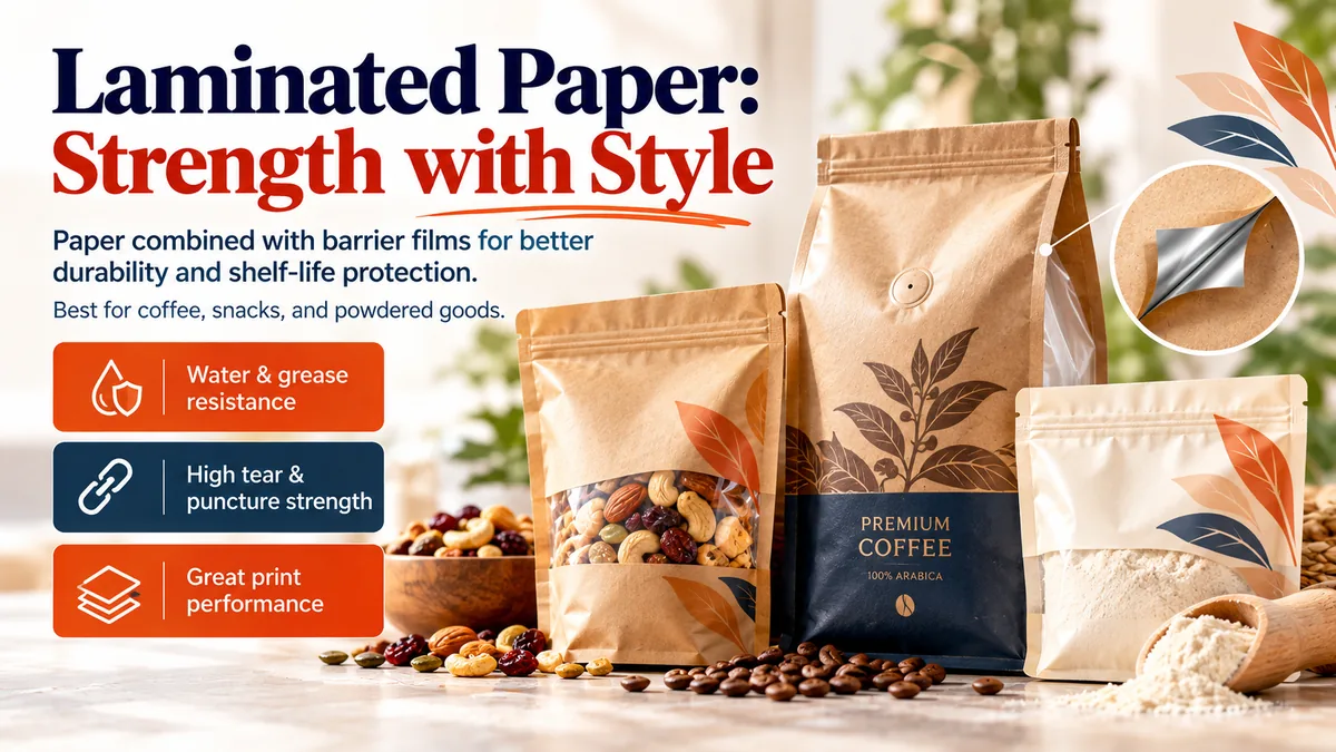 Laminated kraft paper pouches for coffee, mixed nuts and powder, with a cutaway showing the foil barrier layer inside