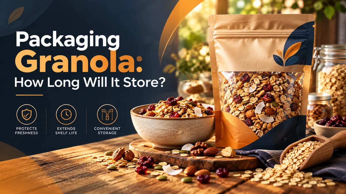 Kraft stand-up pouch with a clear window filled with granola, next to a bowl of granola with oats, nuts and dried cranberries