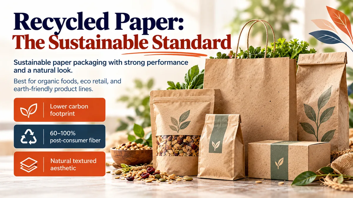 Recycled paper packaging: kraft stand-up pouch, block bottom bag, shopping bag and box printed with green leaf designs