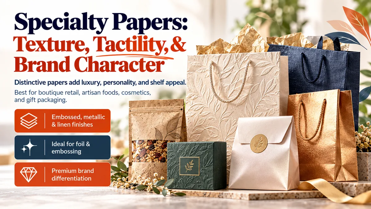 Specialty paper gift bags in embossed cream, navy linen and metallic copper, with an embossed green gift box